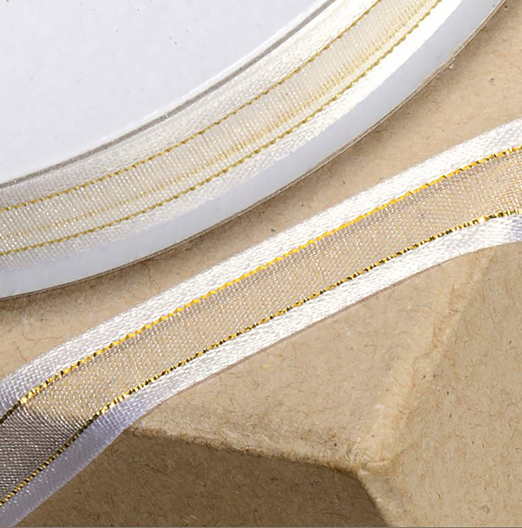 10mm X 25 Meters IVORY RIBBON Satin Edged Organza With Gold Trim Great ...