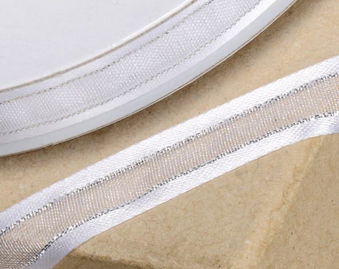 10mm x 25 meters WHITE RIBBON satin edged organza with silver trim great for decorating wedding or party venues, gifts or crafts