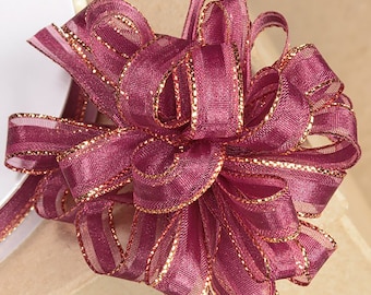10mm organza PULL BOW RIBBON burgundy red with gold edging 25 meters ideal for decorating wedding or party venues, gifts or crafts