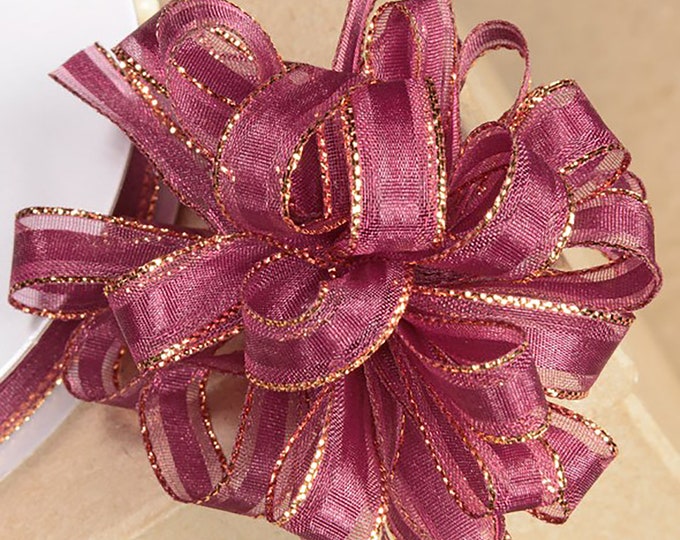 10mm organza PULL BOW RIBBON burgundy red with gold edging 25 meters ideal for decorating wedding or party venues, gifts or crafts