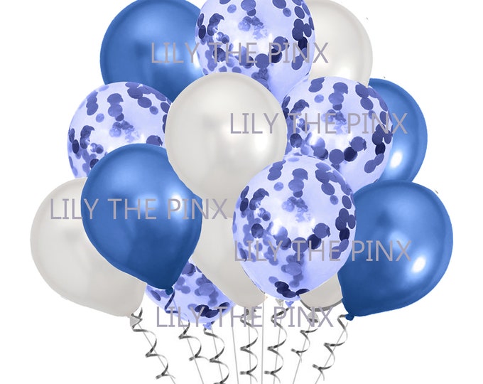 15 blue & white party balloons 5 metallic blue 5 blue metallic confetti and 5 metallic pearl white balloons wedding anniversary, birthday