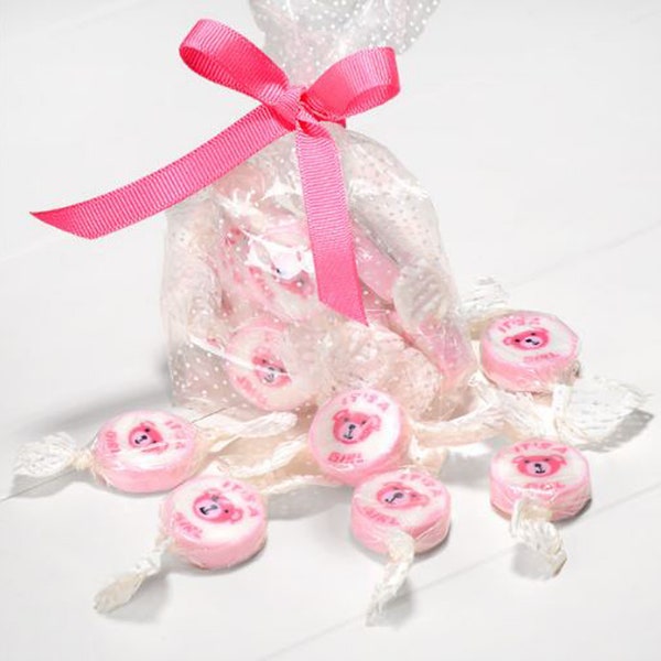 50 Pink IT'S A GIRL strawberry & cream flavoured rock candy sweets baby shower party bag favours favors.  Each sweet is individually wrapped