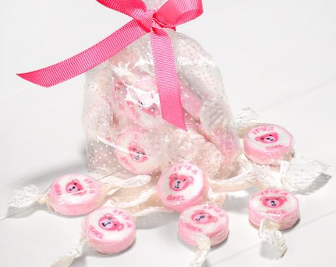 50 Pink IT'S A GIRL strawberry & cream flavoured rock candy sweets baby shower party bag favours favors.  Each sweet is individually wrapped