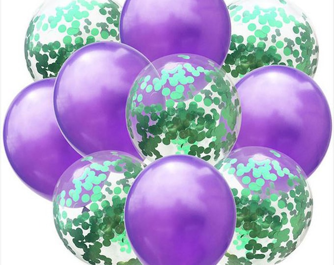 FREE POSTAGE! 10 pack of green & purple balloons 5 metallic purple and 5 green confetti filled balloons Eid Ramadam new year party halloween