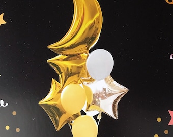 GOLD SILVER WHITE moon & star birthday party balloons 8 pack. Gorgeous balloons make a splash at your event amazing venue decoration