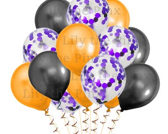15 BLACK & ORANGE PURPLE party balloons 5 metallic black 5 purple metallic confetti and 5 metallic orange balloons halloween, birthday party
