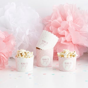 10 food cups for snacks popcorn or chocolate white & pink with polka dots made from food grade paper. Ready To Pop girl baby shower or party