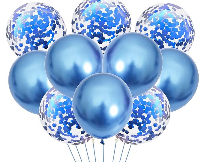 FREE POSTAGE! 14 pk, 7 blue chrome balloons and 7 clear balloons with BLUE confetti wedding, baby shower, anniversary, birthday party.