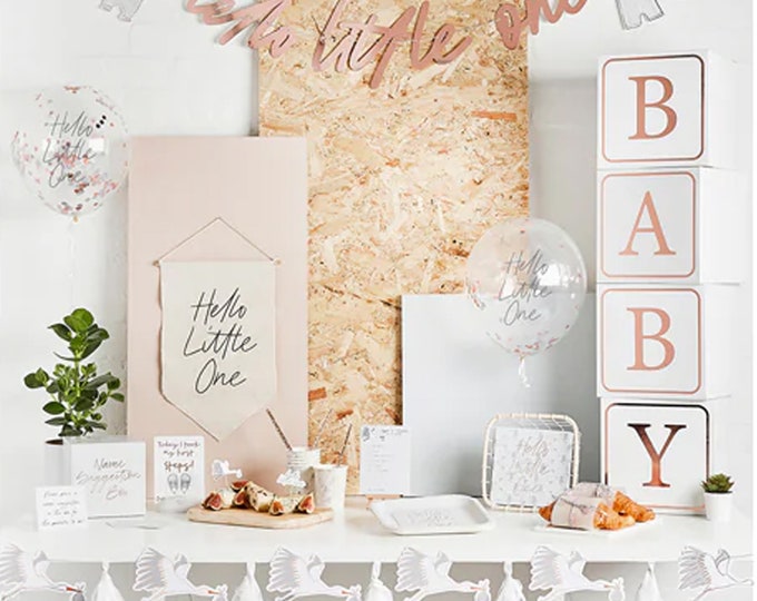 HELLO little one BABY SHOWER Decoration Collection. Rose Gold Silver n White. Photo props Cups. Plates Balloons, prediction cards & garlands