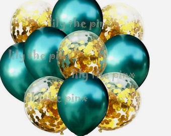 10 pack party balloons. 5 metallic green and 5 gold confetti filled balloons 50th anniversary, childrens birthday party, christmas