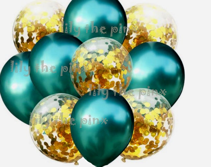 10 pack party balloons. 5 metallic green and 5 gold confetti filled balloons 50th anniversary, childrens birthday party, christmas