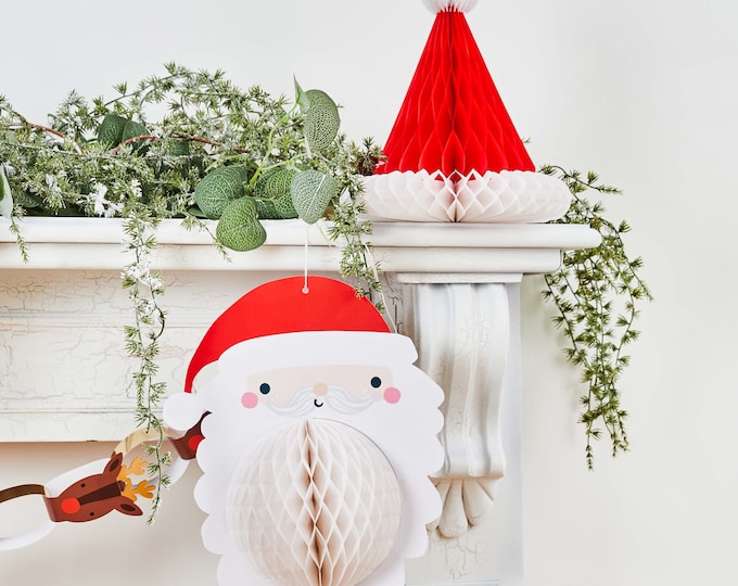Large decorative HOOTYBALLOO christmas honeycomb paper decorations. Red and white, Santa and santa's hat Sit or hang from a mantleshelf