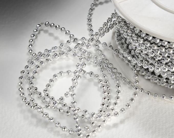3mm x 25m SILVER PEARL ball BEADS strung on a reel ribbon, great for stringing arouns a christmas tree craft and venue decorating