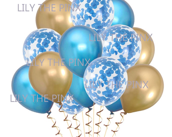 15 TURQUOISE blue & gold party balloons 5 turquoise metallic, 5 turquoise confetti and 5 metallic gold balloons, birthday or celebration