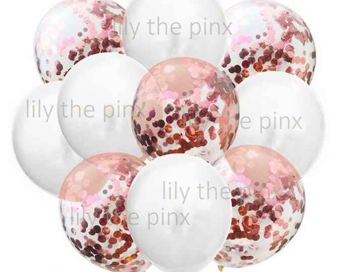 10 pack ROSE GOLD  & WHITE balloons 5 metallic pearl white 5 rose gold confetti filled balloons wedding anniversary birthday party