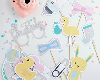PASTEL GREEN PHOTO booth props. kit to make 15 lovely props to add style to your unisex baby shower naming party or christening