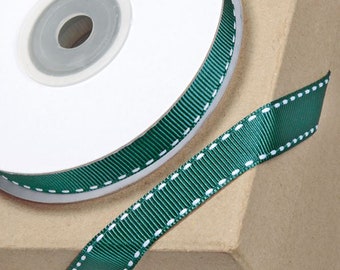 12mm dark green GROSGRAIN RIBBON with WHITE stitching 12mm x 10 meters for decorating wedding or party venues, gifts or crafts