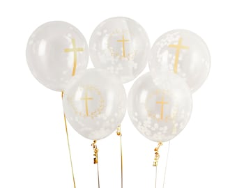 5 LARGE 1st HOLY COMMUNION balloons. Clear balloons with white confetti and decorated with a gold cross and a wreath
