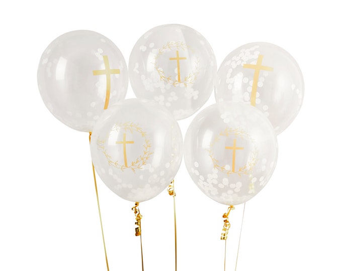 5 LARGE 1st HOLY COMMUNION balloons. Clear balloons with white confetti and decorated with a gold cross and a wreath