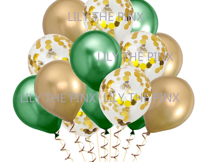 15 gold & green party balloons 5 metallic gold 5 gold metallic confetti and 5 metallic green balloons wedding anniversary, birthday