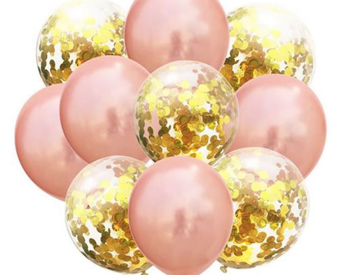 10 pack ROSE GOLD & GOLD balloons. 5 metallic rose gold and 5 gold confetti filled balloons anniversary, childrens birthday party, christmas