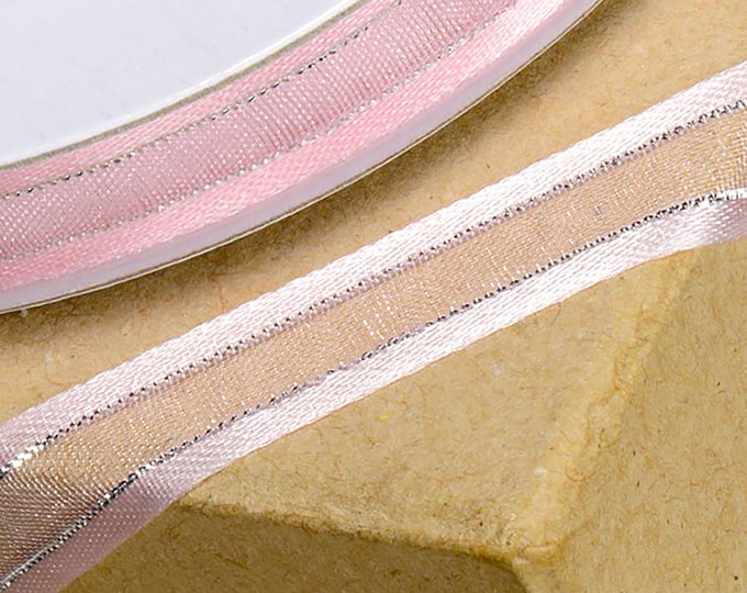 10mm x 25 meters PINK RIBBON satin edged organza with silver trim great for decorating wedding or party venues, gifts or crafts