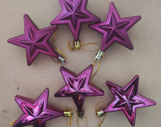 WIGIG PURPLE coloured 6 christmas STAR bauble pack 3 with a shiny finish, 3 matt finished add to a garland or table decoration shatterproof