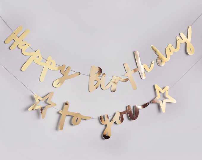 GOLD 'Happy birthday to you' banner party celebration or golden wedding anniversary decoration can be used as bunting or a hanging garland