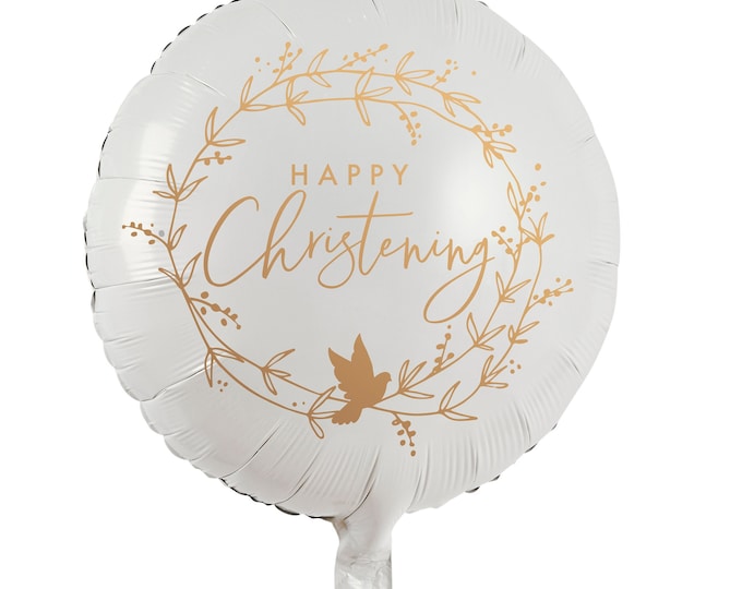 LARGE HAPPY CHRISTENING or baptism balloon white with gold lettering leaves and a dove 22 inch. Ideal as a centerpeice for your celebration.