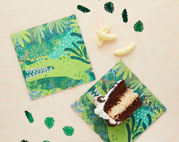 CROCODILE JUNGLE PARTY 3 ply napkins 20 pack. beautiful bright napkins for your jungle wildlife foil detailling Lots of fun!