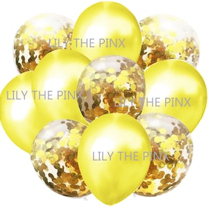 10 pack party balloons. 5 metallic yellow and 5 gold confetti filled balloons 50th anniversary, grown up birthday party, christmas