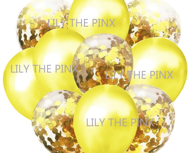10 pack party balloons. 5 metallic yellow and 5 gold confetti filled balloons 50th anniversary, grown up birthday party, christmas