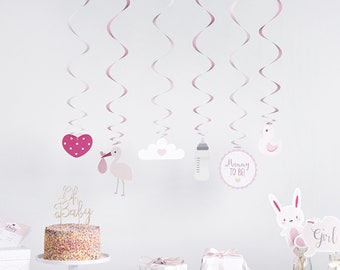 PINK MOBILE, 6 SWIRL decorations pretty hanging decorationto add style to your boy baby shower naming party or christening