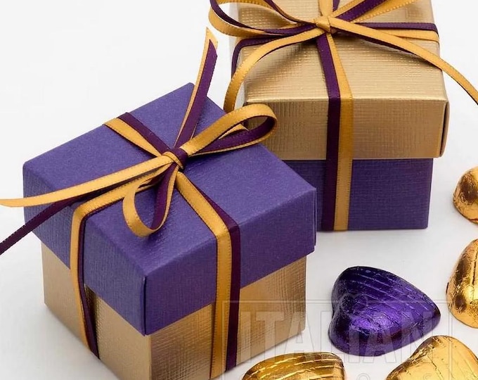 SQUARE SILK party favour boxes for chocolates almonds or dragees wedding anniversary or party table decorations with matching satin ribbon