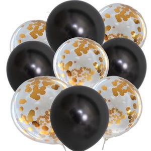 10 pack party balloons. 5 metallic black and 5 gold confetti filled balloons 50th anniversary, geown up birthday party, christmas
