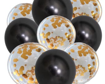 10 pack party balloons. 5 metallic black and 5 gold confetti filled balloons 50th anniversary, geown up birthday party, christmas