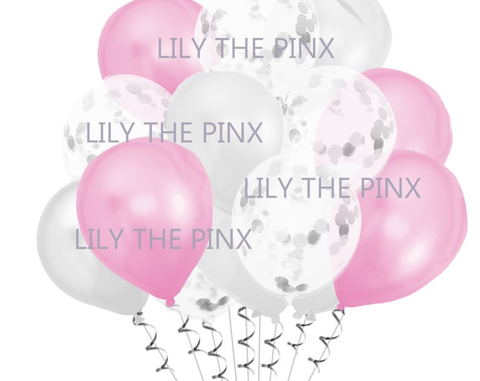 BABY PINK party balloons 15pk 5 metallic baby pink, 5 white paper confetti and 5 pearl white balloons wedding anniversary birthday hen party