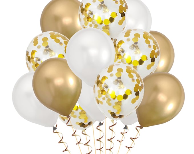 15 pack of party balloons 5 metallic gold, 5 gold metallic confetti and 5 pearl white balloons wedding anniversary, birthday party