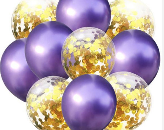 10 GOLD & pURPLE party balloons. 5 metallic purple and 5 gold confetti filled balloons 50th anniversary, childrens birthday party, christmas