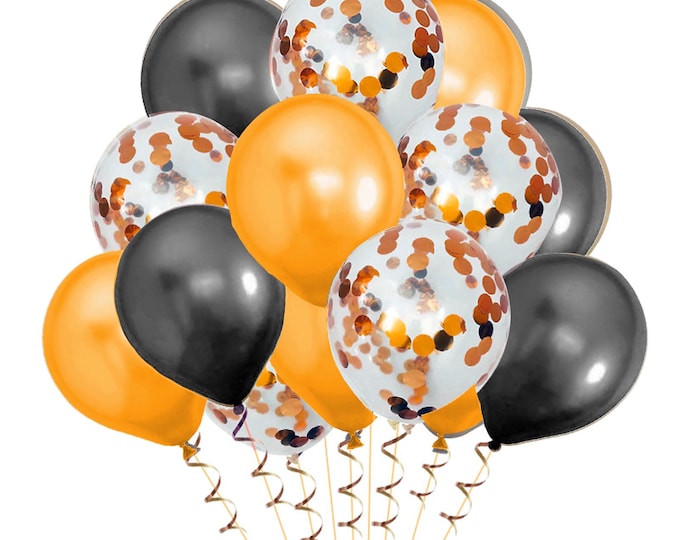 15 BLACK & ORANGE party balloons 5 metallic orange 5 orange metallic confetti and 5 metallic black balloons wedding anniversary, birthday