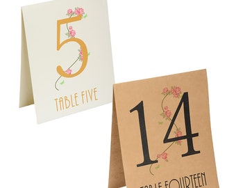 TENT CARD table NUMBERS. for 15 tables numbers 1 to 15. rustic brown or ivory country garden rose design entwined around printed numbers