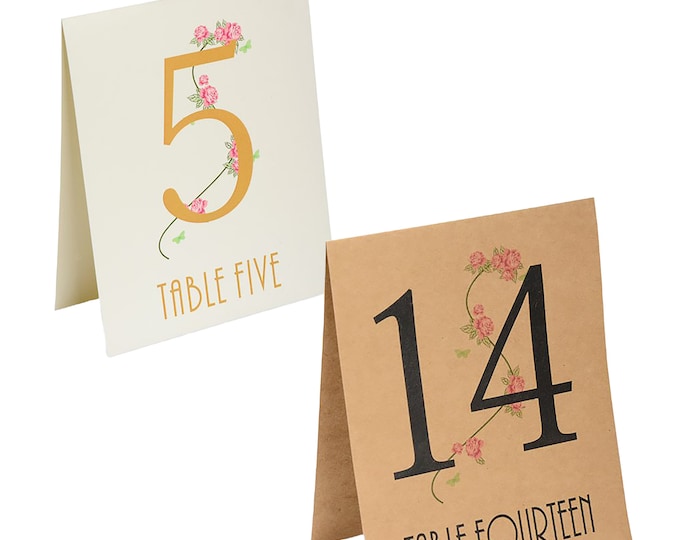 TENT CARD table NUMBERS. for 15 tables numbers 1 to 15. rustic brown or ivory country garden rose design entwined around printed numbers
