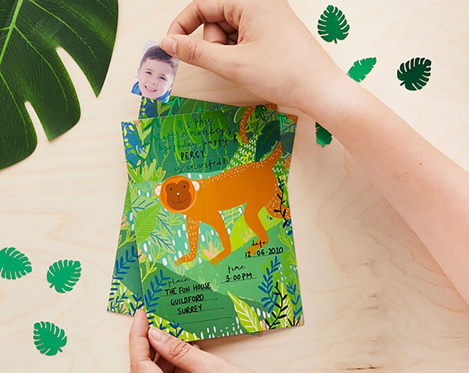 MONKEY JUNGLE PARTY invitations 10 pack. customisable insert a pic of the party boy or girl on the head of the monkey. Lots of fun!