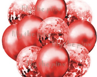 10 pack of red balloons 5 metallic red and 5 red confetti filled balloons baby shower wedding anniversary, childrens birthday party