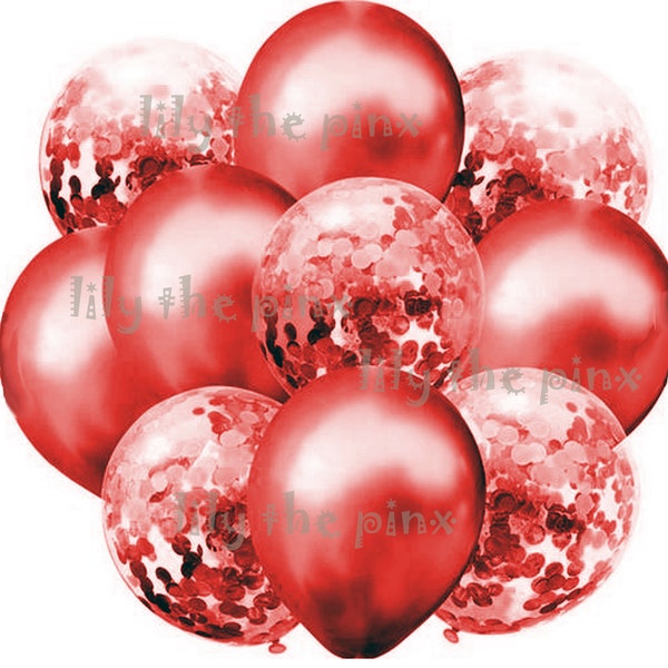 10 pack of red balloons 5 metallic red and 5 red confetti filled balloons baby shower wedding anniversary, childrens birthday party
