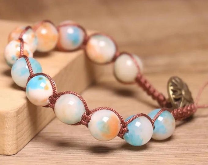Handmade Peach Real Jasper Bead Bracelet: 10mm Gemstone Beads with Brass Sun Clasp