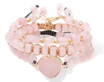 Natural ROSE QUARTZ PINK Heart Hand Beaded Bracelets Aquarius Birthstone, adjustable 3 in 1-layer bracelet Christmas birthday gift
