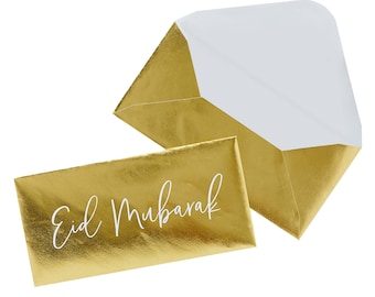 5 gold money envelopes with EID MUBARAK in white perfect for your ramadan celebration 205mm x 100mm