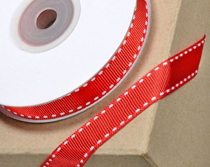 12mm red GROSGRAIN RIBBON with WHITE stitching 12mm x 10 meters for decorating wedding or party venues, gifts or crafts