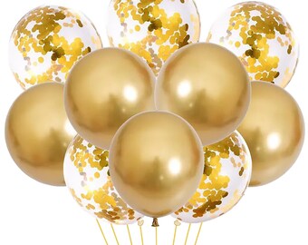 Free Postage! 14 balloons, 7 gold chrome balloons and 7 clear balloons with gold confetti wedding, baby shower, anniversary, birthday party.